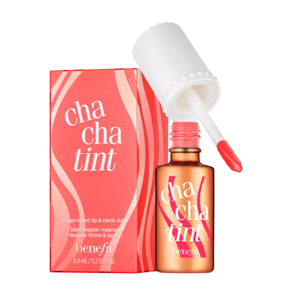 Benefit Cha Cha Tint mango-tint close-up showing sheer lip color for a natural-looking flush.