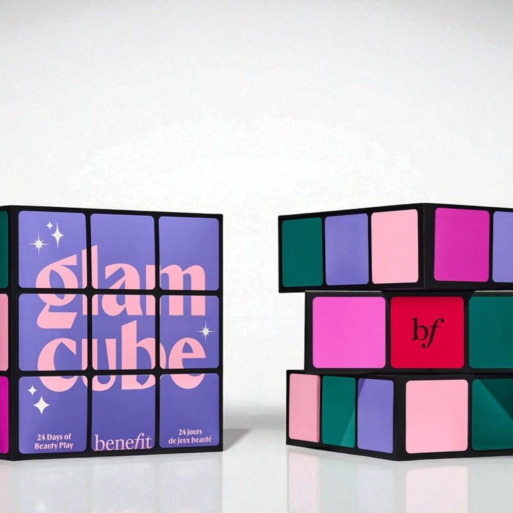Benefit front packaging showing Glam Cube calendar and festive design with gift appeal