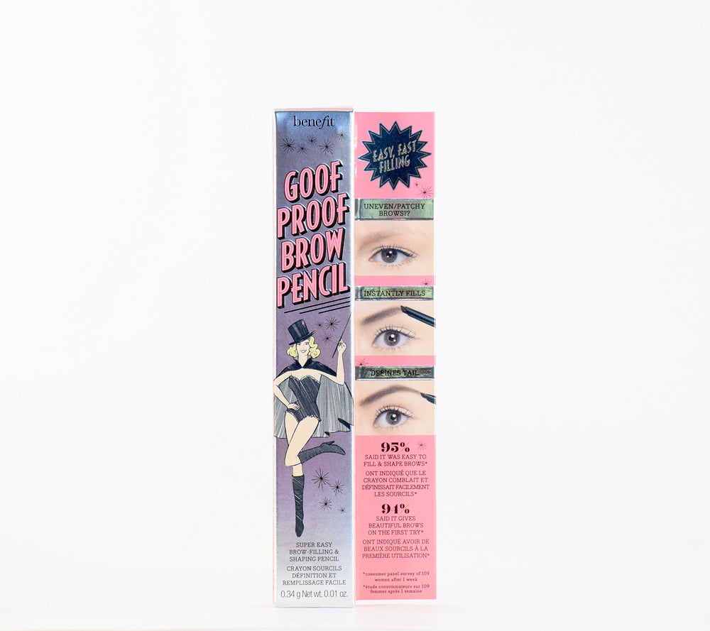 Benefit front packaging showing pencil and shade, clear labeling and portability