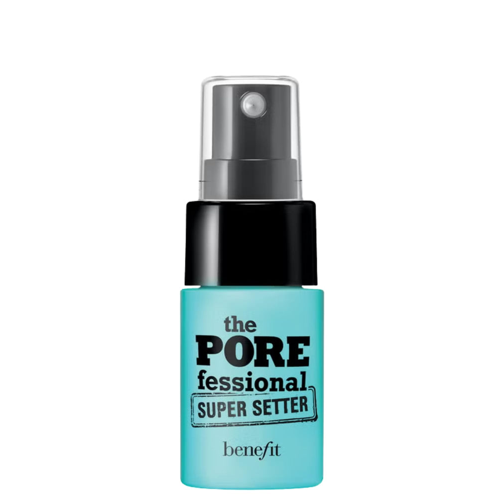 Benefit travel-size bottle front view showing compact, long-lasting setting spray