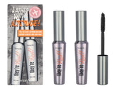 Benefit front packaging showing duo travel tubes and bold black finish benefit