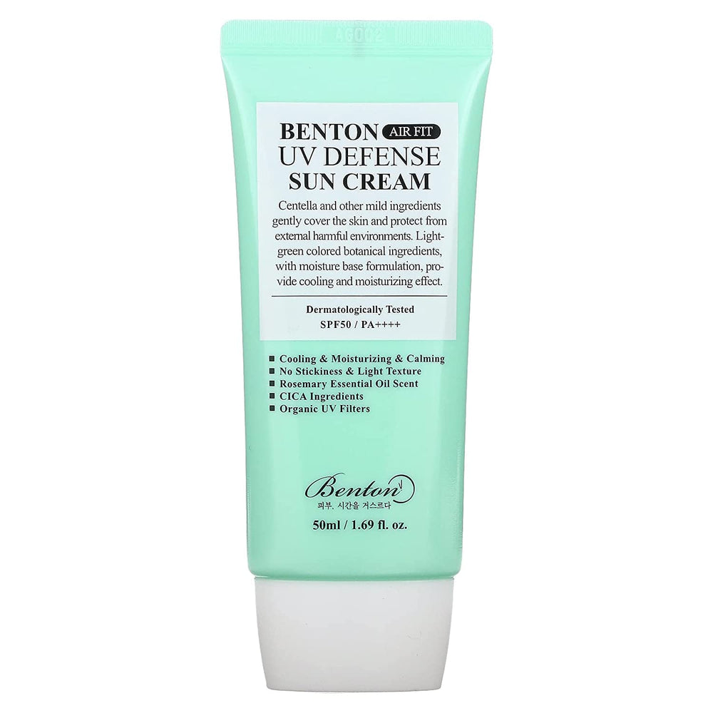 Benton Air Fit UV Defense Sun Cream tube close-up showing feather-light texture and SPF protection.