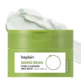 Beplain mung bean pore cleansing milk balm bottle demonstrates fragrance-free makeup removal for sensitive skin.
