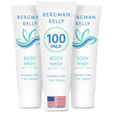 BERGMAN KELLY travel-size body wash with foil seal for leak-free hotel amenities.