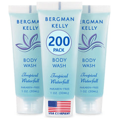 BERGMAN KELLY travel-size body wash Tropical Waterfall bottle provides a refreshing hotel guest amenity.