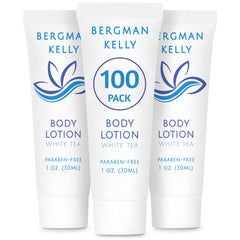 BERGMAN KELLY travel-size lotion foil-sealed 1 oz tube for hotel guest freshness.
