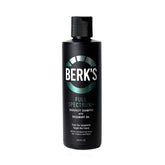 Berk's full spectrum dandruff shampoo bottle with coal tar formula for itch relief and flakes control.
