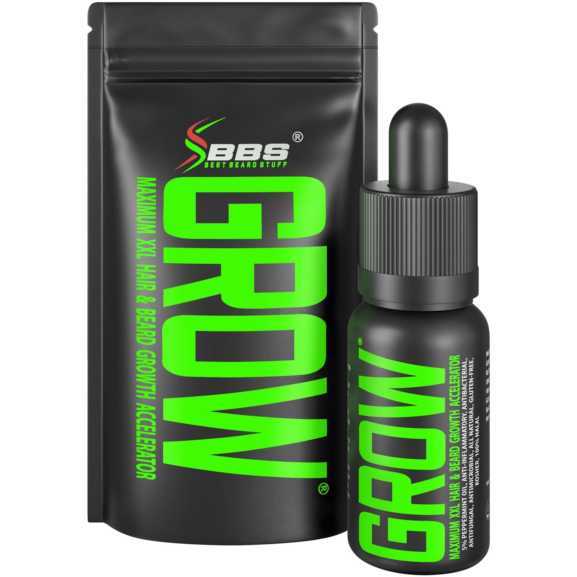 BBS Best Beard Stuff Grow Maximum bottle showcases premium organic growth formula for fuller beard.