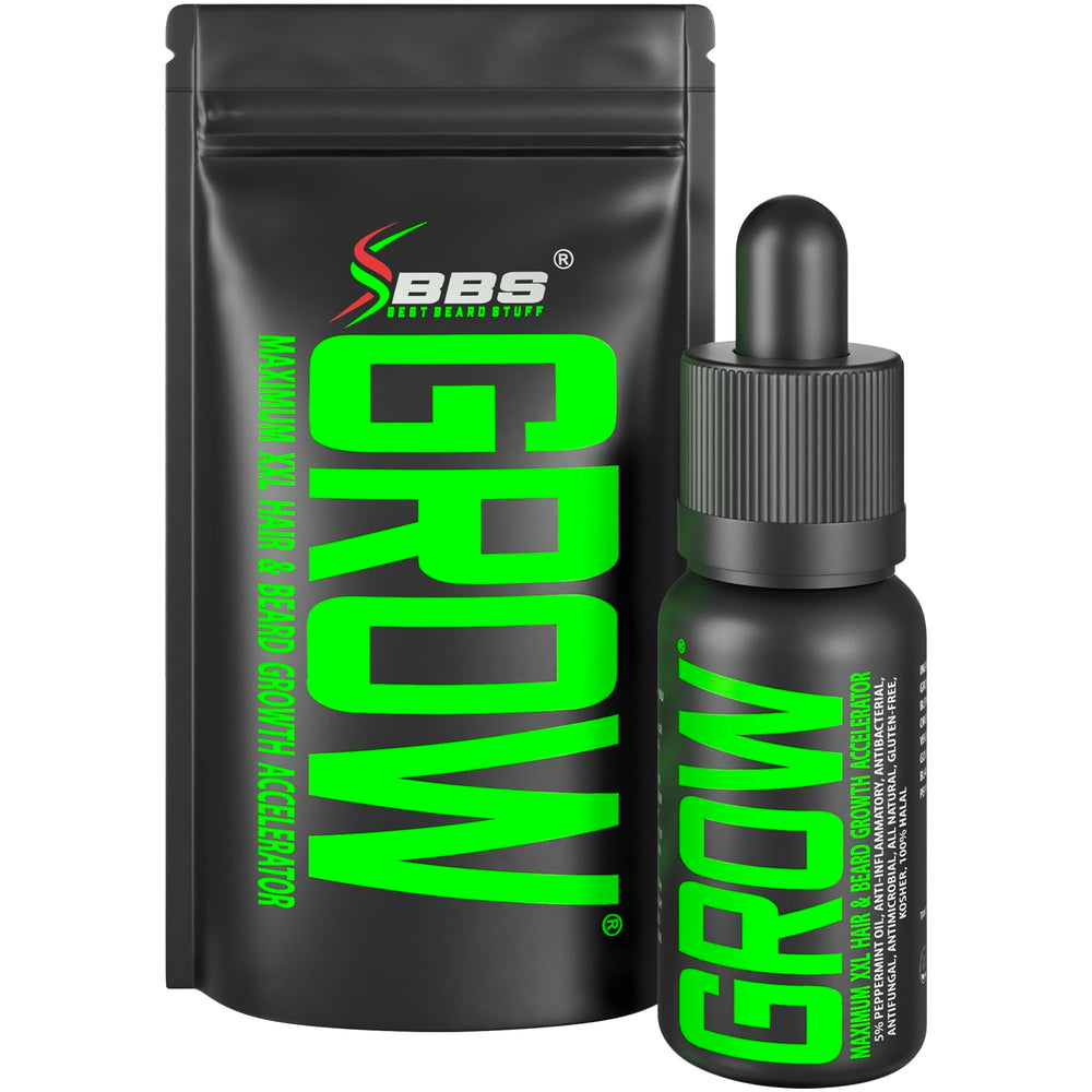 BBS Best Beard Stuff Grow Maximum bottle showcases premium organic growth formula for fuller beard.
