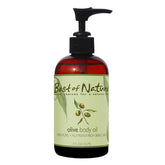 Best of Nature olive oil bottle pouring for silky massage and skin nourishment.