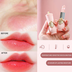 BestLand Flower Jelly Lipstick Set rose shade on lips delivers a soft floral glow.