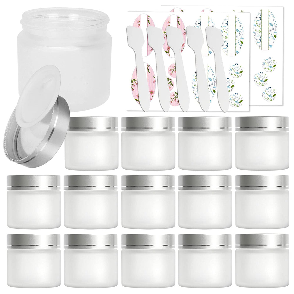 Betrome 15-pack 2oz frosted glass jars with silver lids for secure storage.
