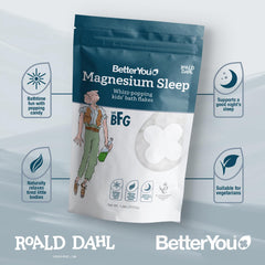 BetterYou Magnesium Sleep Kids Bath Flakes lavender imagery evokes soothing pre-sleep aroma.