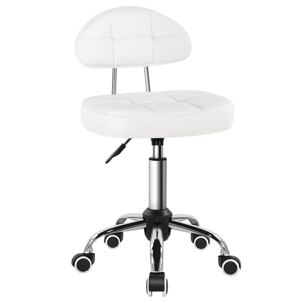 BFTOU square minimalist swivel stool in white with five wheels for smooth mobility in workspaces.