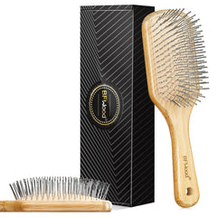 BFWood bamboo hair brush handle close-up showing comfortable grip for styling.