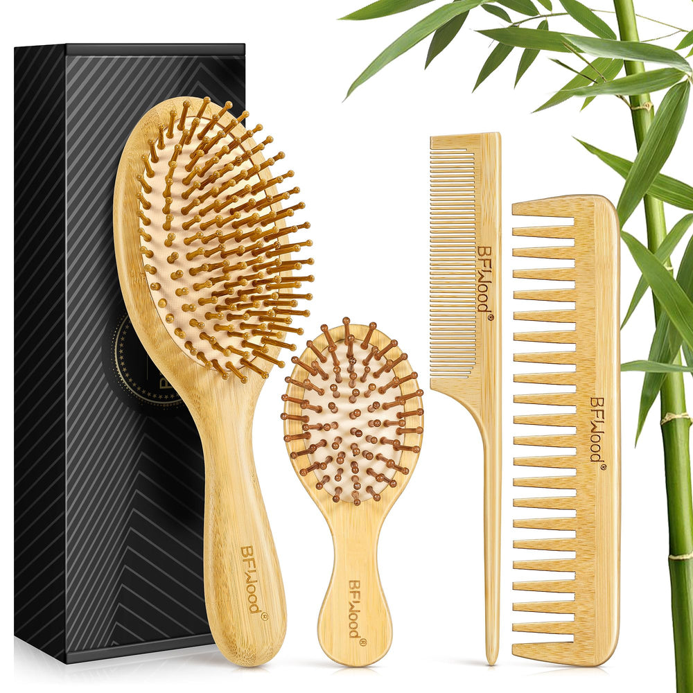 BFWood Bamboo Hair Brush Set paddle brush close-up for gentle detangling and everyday smoothing.
