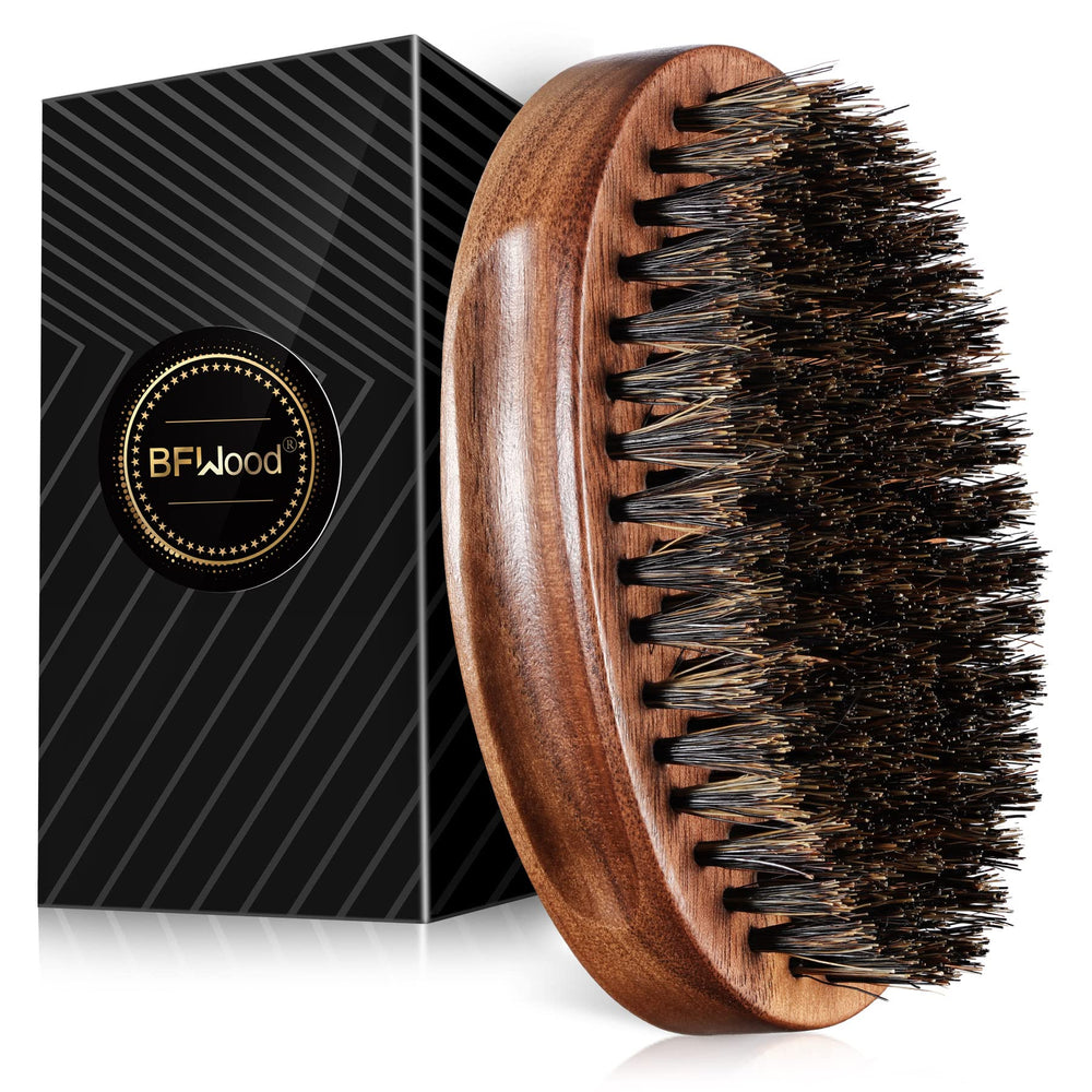 BFWood boar bristle beard brush with black wood handle for even balm distribution.