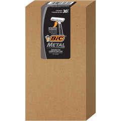 BIC metal men disposable razors pack back shows six packs of five for value.