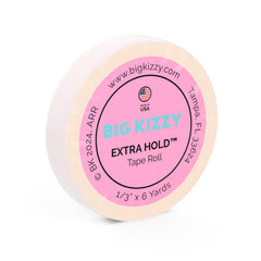 Big Kizzy Extra Hold tape roll closeup highlighting strong, residue-free hold for extensions.
