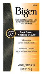 Bigen #57 Dark Brown permanent powder pack shows an easy, ammonia-free color at home.