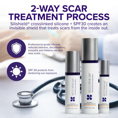 BIOCORNEUM tube application shows convenient scar treatment on skin.