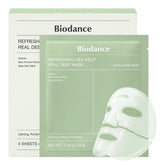 BIODANCE front packaging showing four sea kelp hydrogel masks and benefits