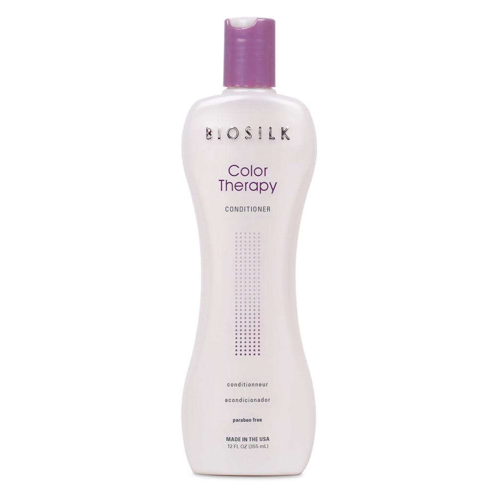BioSilk Color Therapy Conditioner bottle shows color-protecting formula for vibrant color-treated hair.