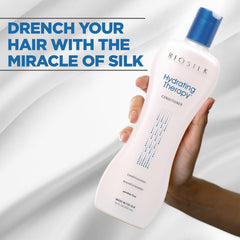 BioSilk Hydrating Conditioner being applied to hair for smoother, shinier results
