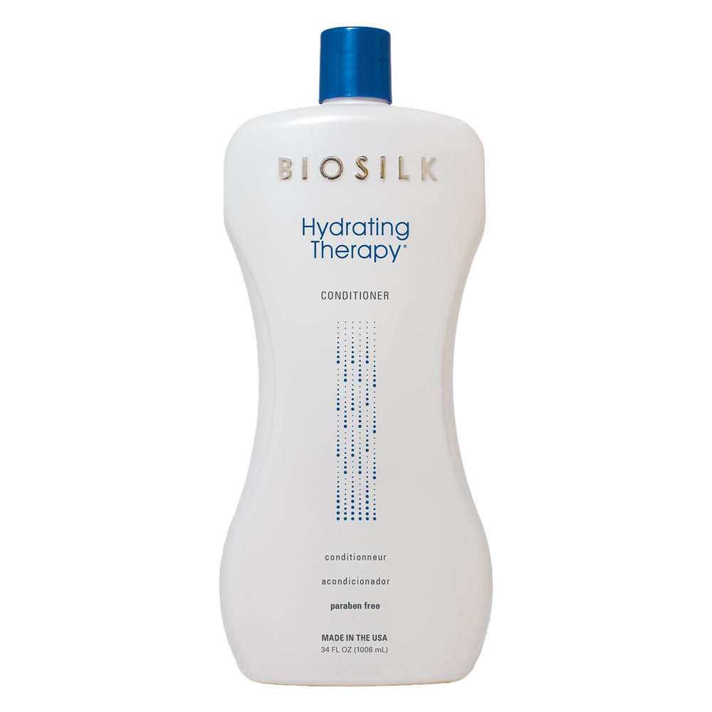 BioSilk Hydrating Therapy Conditioner bottle shows creamy moisture for smooth, manageable hair.