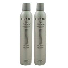 BioSilk Silk Therapy Finishing Spray bottle shows firm hold for sleek, controlled styling.