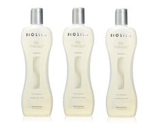 BioSilk Silk Therapy Original Cure pack of 3 bottle image promoting smooth, shiny hair.