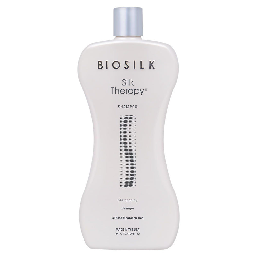 BioSilk Silk Therapy Shampoo bottle front demonstrates premium packaging for glossy, healthy-looking hair
