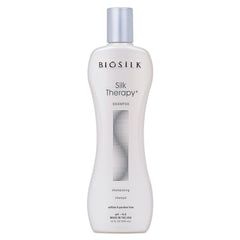 BioSilk Silk Therapy Shampoo bottle shows gentle cleansing for all hair types.