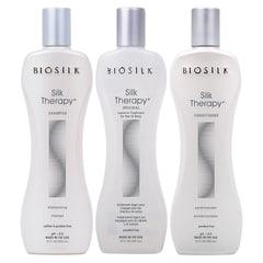BioSilk Silk Therapy Shampoo shows rich lather and pour for shiny, clean hair