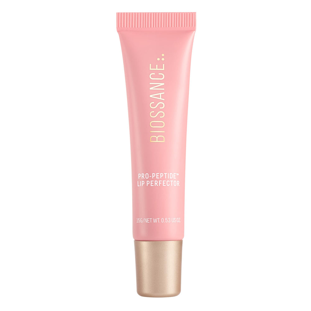 Biossance Lip Perfector tube closeup showing glossy hydration for dry lips