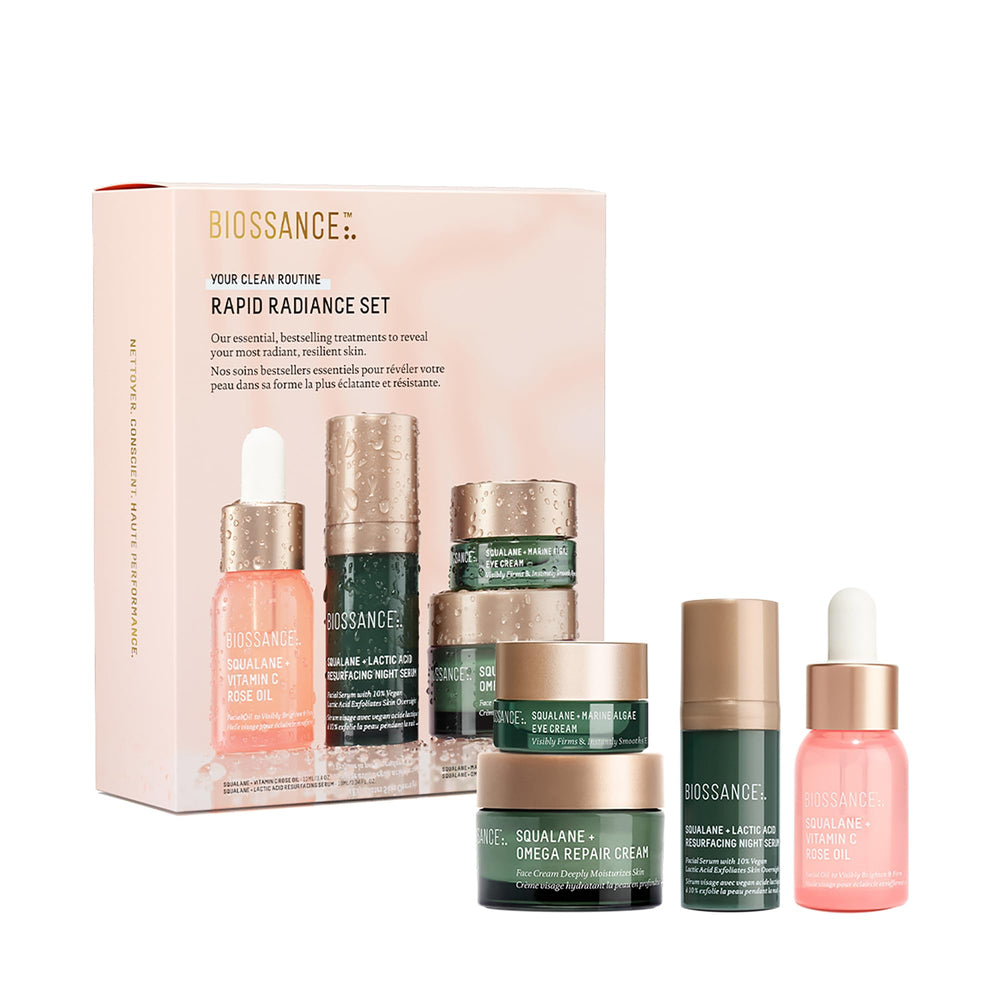 Biossance Rapid Radiance Set box front—premium kit for brighter, smoother skin.