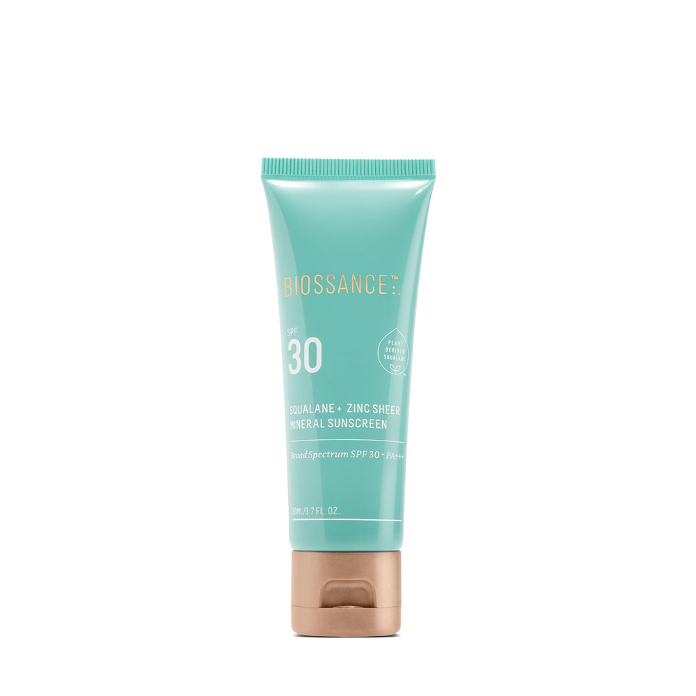 Biossance Squalane Zinc sunscreen tube cap, weightless sheer protection for daily hydration and makeup priming