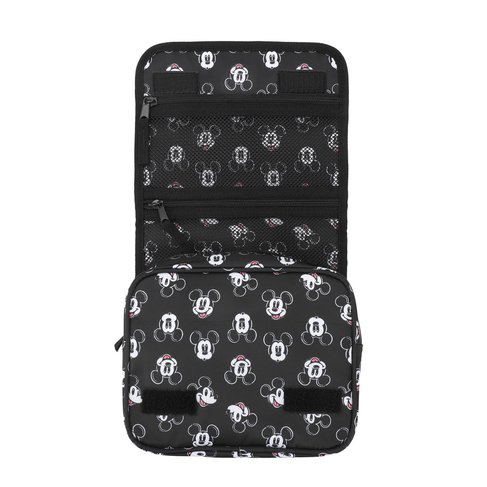 Bioworld Disney Mickey Heads toiletry bag closed demonstrates compact travel organization for on-the-go trips