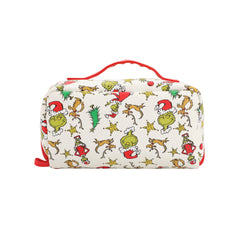 Bioworld The Grinch cosmetic bag with zipper closure keeps essentials secure while traveling.