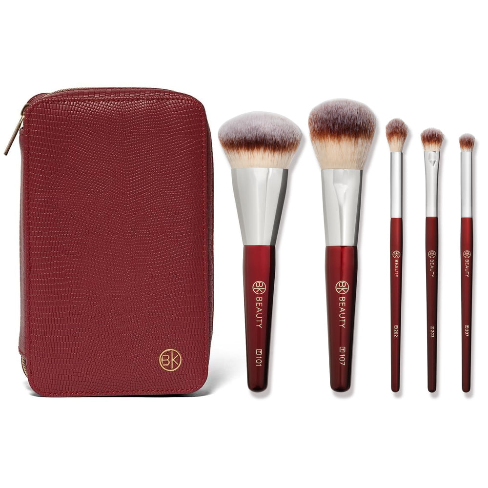 BK BEAUTY travel brush set front view in vegan leather pouch for travel use