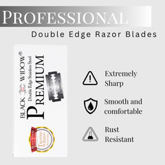 Black Widow blade edge with ceramic-platinum-tungsten coating for smoother shave.