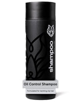 Black Wolf mens shampoo bottle front demonstrates daily oil control and refreshing cleanse.