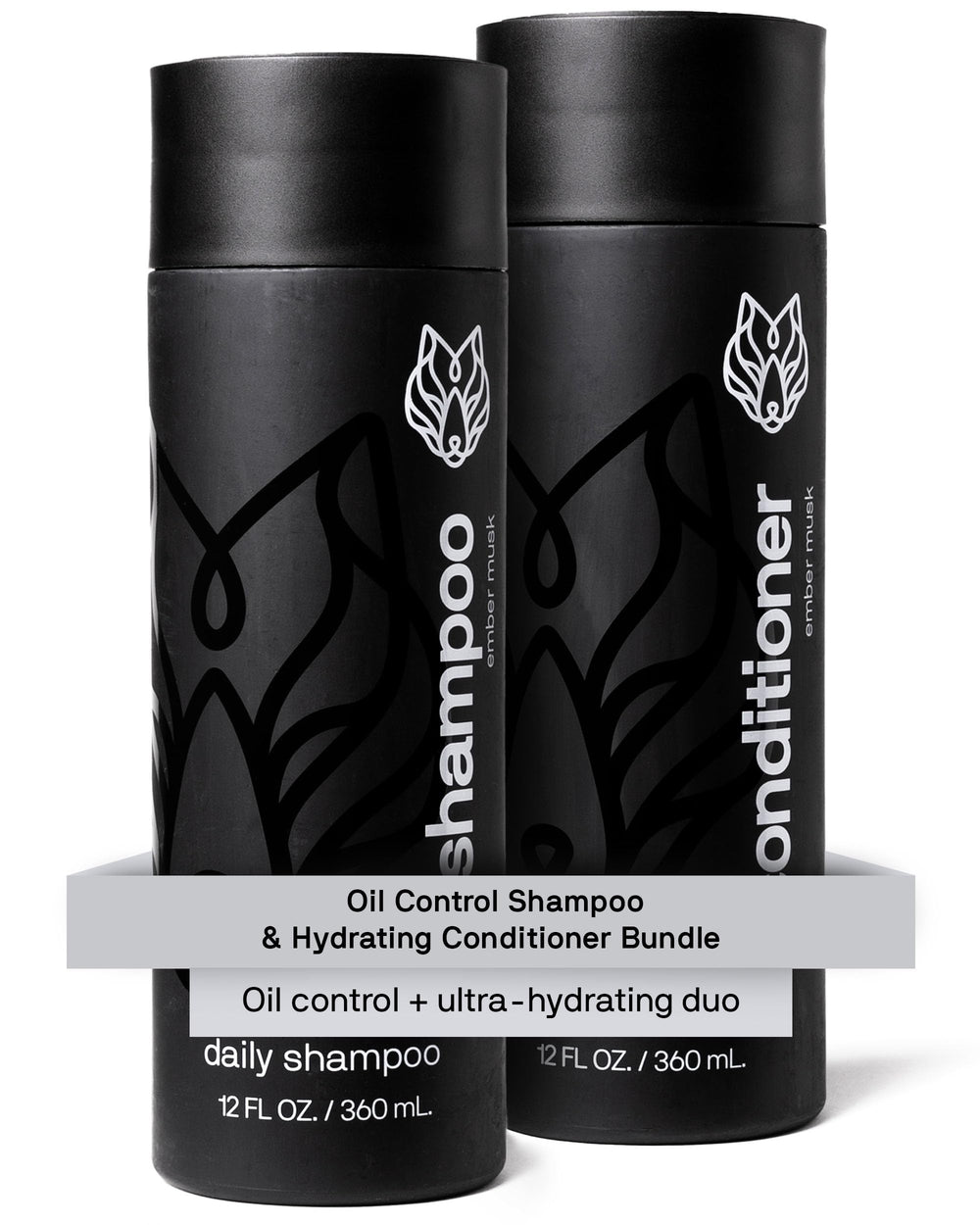 Black Wolf oil-control shampoo bottle demonstrates oil removal for fresher hair.