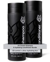 Black Wolf oil-control shampoo bottle demonstrates oil removal for fresher hair.
