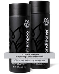 Black Wolf oil-control shampoo bottle demonstrates oil removal for fresher hair.