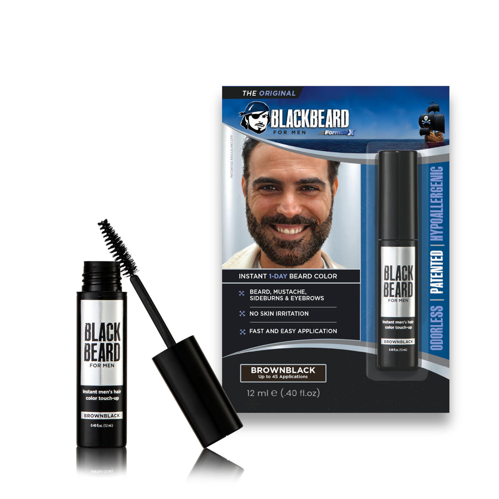 Blackbeard for Men beard color bottle shows instant brush-on tint.
