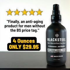 BLACKSTEEL serum with retinol and hyaluronic acid promises smoother wrinkles and hydration.