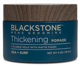 Blackstone men's grooming pomade bottle showing thickening action for fuller, textured styling.