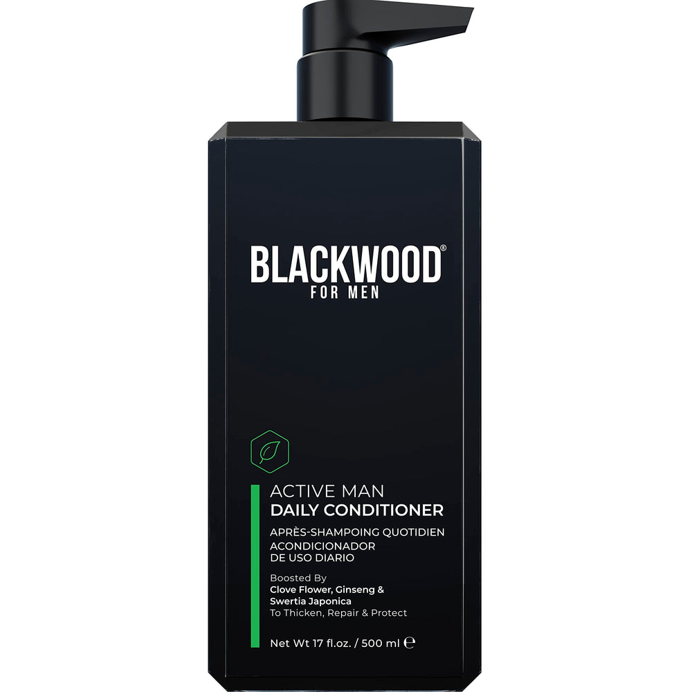 Blackwood For Men Active Man Daily Conditioner bottle shows a daily thickening option for fuller hair.