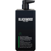 Blackwood For Men Active Man Daily Shampoo bottle pouring highlights oil control and thickening benefits